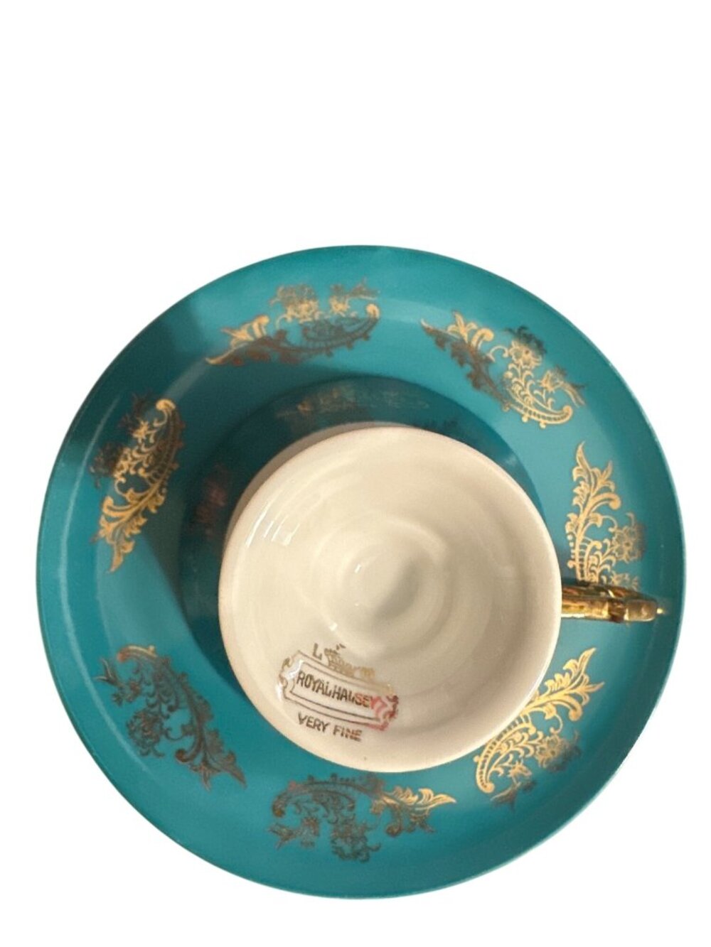 Royal Haulsey Teacup And Saucer Set Teal Gold Floral Bone China - Picture 8 of 8